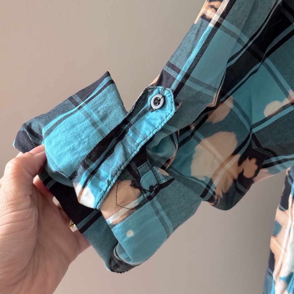 Y2K Western POINT ZERO Cher 2005 Acid Washed Blue Tan Plaid Button Down Shirt M - Picture 7 of 10